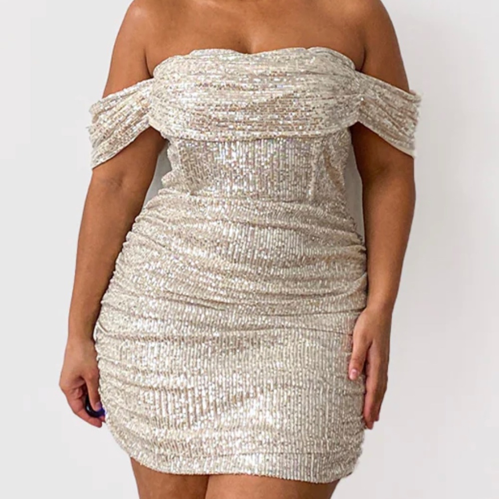 CREAM SEQUIN BARDOT BODYCON DRESS